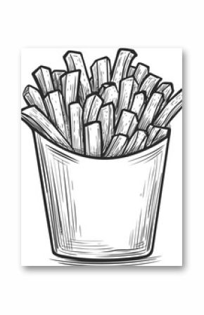 Sketch of french fries in a paper cup, hand-drawn monochrome illustration. Vector illustration