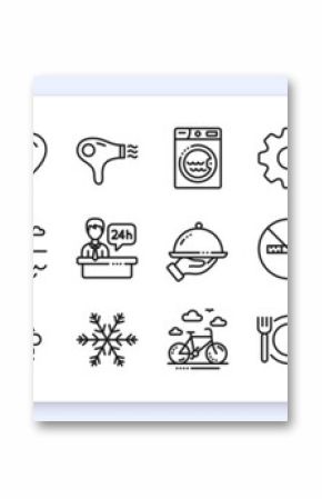 Hotel service line icons. Interest rate, AI generate, Inflation icons. Wi-Fi, Air conditioning and Coffee maker machine. Spa stones, swimming pool and bike rental icons. Vector