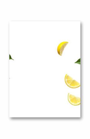 Fresh whole and sliced lemon fruits with green leaves isolated on transparent background featuring multiple flying lemon pieces