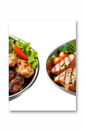Metal dishes containing assorted grilled meats including pork, beef, and chicken alongside various vegetables isolated on a transparent background.
