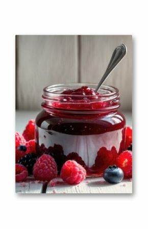 Top view of a jar filled with wild berry jam on a white wooden surface