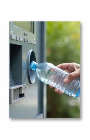 Person puts empty plastic water bottle reverse vending machine for recycling. Machine dispenses money reward for return. Concept eco-friendly tech for pollution reduction. Recycling, reuse of