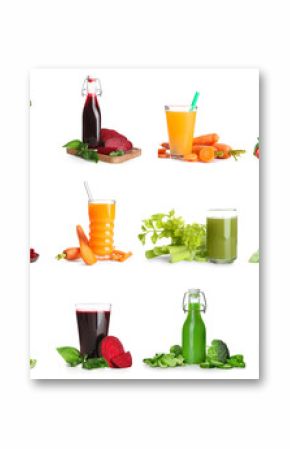Collage of tasty vegetable juices on white background