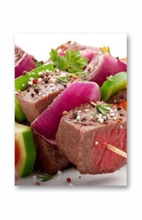 Juicy pieces of beef are skewered with vibrant vegetables including bell peppers, onions, and cherry tomatoes, showcasing flavors perfect for a summer barbecue