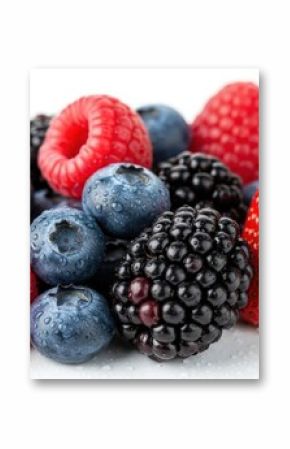 Fresh mixed berries, including strawberry, blackberry, and blueberry.