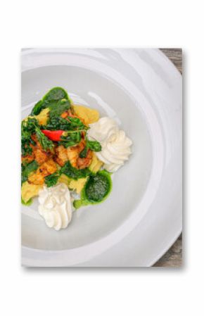 marinated chili prawns on creamy polenta (gluten-free) with ricotta and parsley pesto