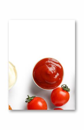 Bowls of ketchup, mayonnaise and mustard with snacks isolated on white background