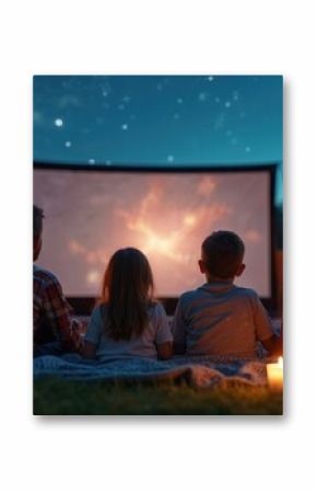 Family enjoys backyard movie night on a blanket under stars. Watching a movie on a big screen with popcorn and lights. National Movie Night August 18th celebration. Entertainment fun event.