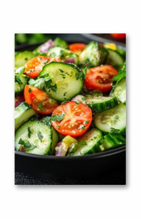 A vibrant avocado, tomato, and cucumber salad in a sleek black bowl rests on a white tabletop. Fresh ingredients pop with color, symbolizing health, freshness, and minimalist modern dining.  