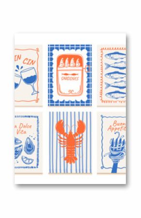 Vintage food posters. Kitchen frame banner. Food and drinks compositions with fruit, fish, wine, vegetables, sardines for cafe menu. La dolce vita decor. Vector retro set