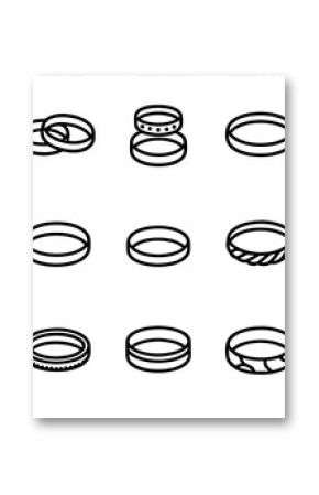 Wedding Ring Icon Set. Outline icon set of wedding ring sets: his and hers band, matching stackable rings, eternity band, simple