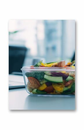 Fresh salad in a plastic container on office desk with city view in background. 