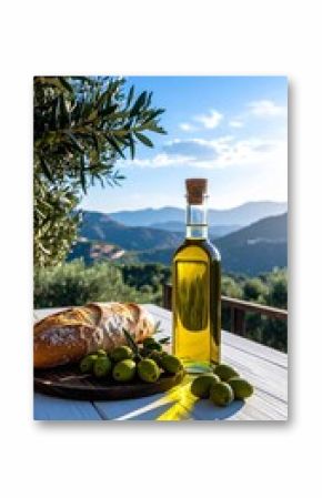 bottle of fresh olive oil with branch with green olives and ciabatta