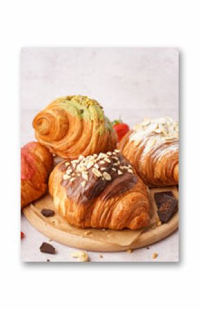 Wooden board with different sweet croissants on white background