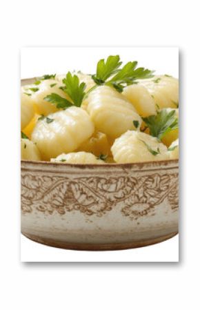 Steaming hot gnocchi seasoned with butter and parsley, served in a rustic bowl, creates an inviting image ideal for food blogs and restaurant menus with a transparent background