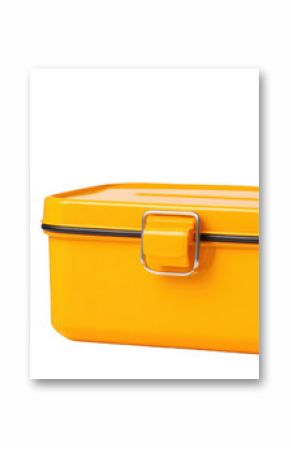 Studio shot of a yellow lunchbox with a metal clasp and a transparent plastic water bottle filled with still water, both set against a transparent background