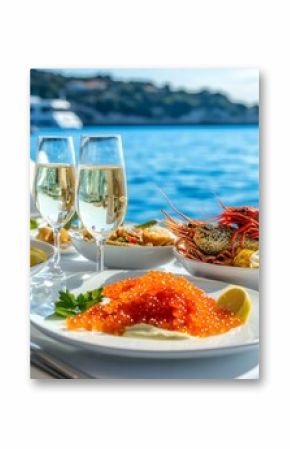 Luxurious seafood lunch with champagne on a yacht in the mediterranean sea