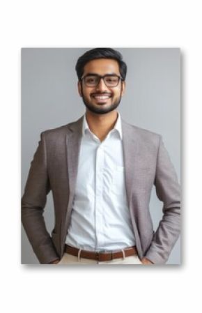 Smiling India businessman standing with hands in pockets against in studio