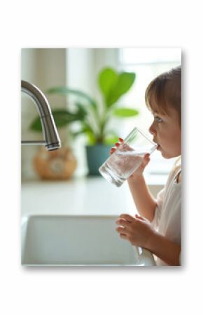 Young child drinking fresh water from a glass at home kitchen. Girl holds glass, drinks clean water. Healthy lifestyle, hydration, refreshment. Household, indoor scene.