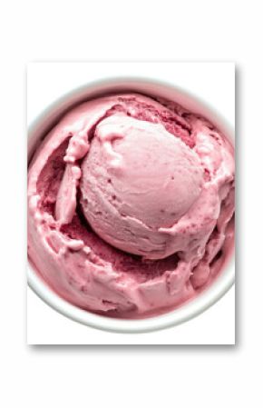 Single scoop of pink strawberry ice cream in white bowl isolated on transparent background
