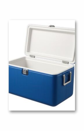 Blue portable cooler chest with an open lid and sturdy handles, ideal for outdoor activities and storage on transparent background.