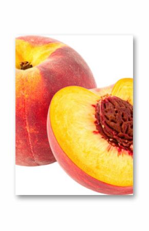 Ripe peach and half peach slice showing juicy flesh and pit Isolate peaches