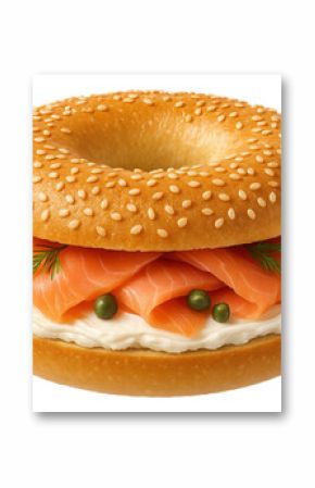 A sesame seed bagel filled with smoked salmon, cream cheese, capers, and dill on transparent background.