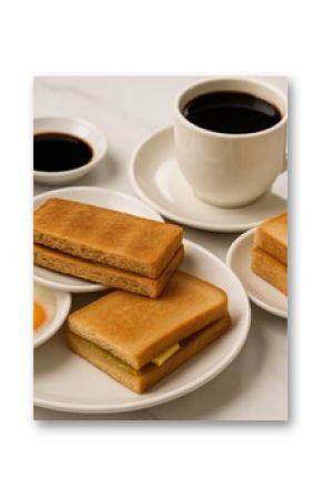 Classic Asian breakfast featuring soft-boiled eggs and toasted bread with butter and kaya spread