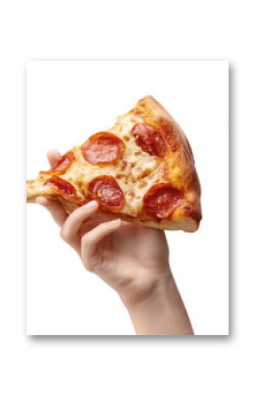 Set of hand holding Pizza Slice, BBQ chicken, cheese, pepperoni, seafood shrimp, prosciutto ham isolated on transparent cutout PNG. Many different flavours. Mockup template for artwork design