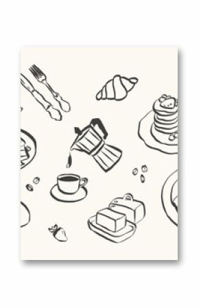 Whimsical breakfast doodles. Italian food with la dolce vita aesthetic in simple crayon and sketch style. Trendy art for menus and dinner brunch invitations. Coquette vector illustration