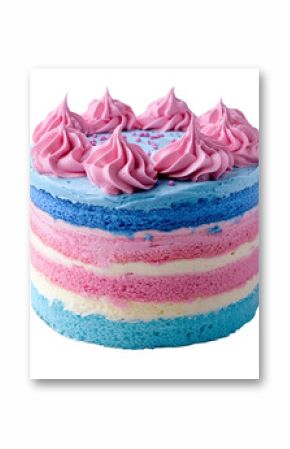 Colorful layered cake with pink and blue frosting representing celebration isolated on transparent background.