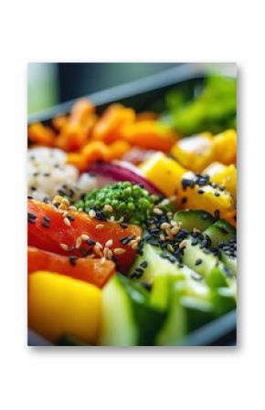 Fresh organized bento box composition photographed in bright lighting, ideal for use in wellness blogs, restaurant menus and food delivery branding