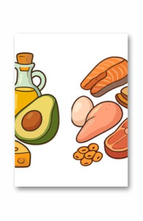 Variety of healthy foods arranged artistically on a white background showcasing natural ingredients for balanced meals