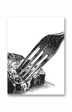 Engraved drawing of a fork piercing a piece of juicy steak, culinary vector illustration