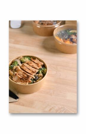 Having a lunch break at the office with delicious Healthy food delivery in take away boxes, Healthy eating concept.