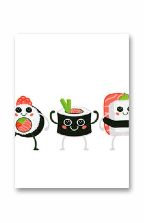 Flat-style cartoon sushi are floating on transparent field with roe maki, onion roll, salmon nigiri