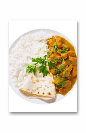 plate of chicken with curry sauce, rice and pita bread isolated on transparent background, top view