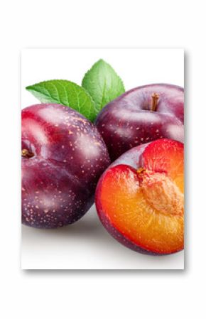 Ripe chinese plums with green leaf isolated on white background. File contains clipping paths.