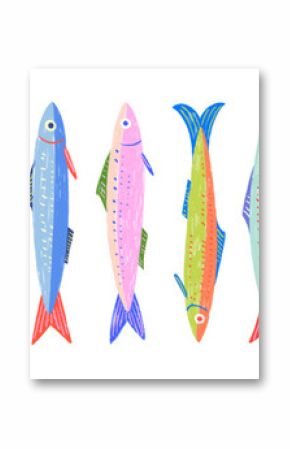 Colorful funky crayon drawn decorative sardines. Cartoon stickers of fish. Bright doodle illustration with pencil cute texture. Kid drawn sardine, tuna, salmon, mackerel. Playful portugal fish.