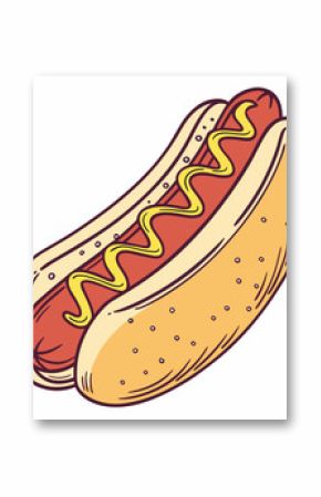 Hot dog vector illustration: a cartoon hotdog with mustard on a bun, isolated for a fast food snack icon