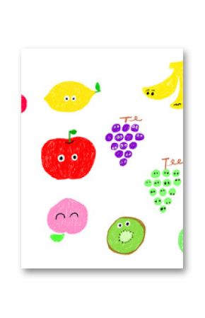 手描きイラストセット　フルーツ　ギョロ目　色えんぴつ