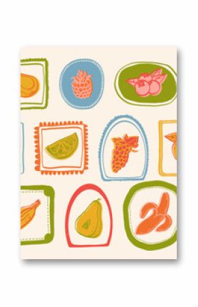 Collection of hand drawn colorful tropical summer fruits and decorative frames. Dragon fruit, papaya, pineapple, watermelon, melon, coconut, citrus, grape, lemon, banana, pomegranate, fig, banana. 