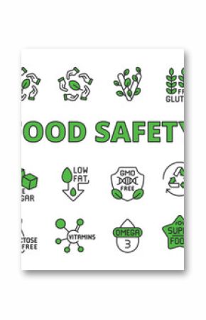Food safety icons in line design green. Food safety, hygiene, contamination, inspection, quality control, sanitation, safe food on white background vector. Food safety editable stroke icons