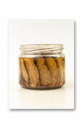 Canned sardine fillet, marinated pilchard, traditional sprat in oil, glass jar