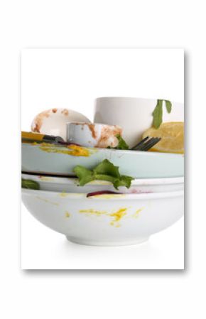 Many dirty dishes isolated on white background