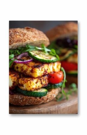 Vegan veggie sandwich on oat roll with halloumi
