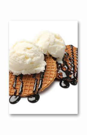 Tasty Dutch waffles (stroopwafels) with ice cream and chocolate sauce isolated on white