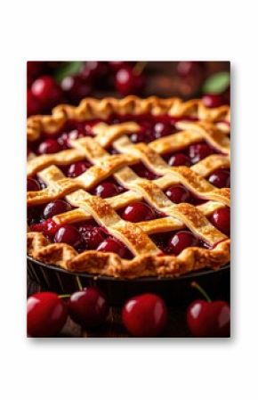 Homemade cherry pie with golden lattice crust and fresh cherries