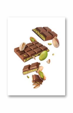 Dubai chocolate with pistachios in the air isolated on white background