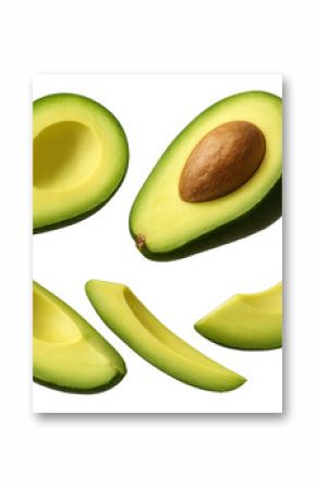 Fresh ripe avocado halves and slices isolated on a transparent background view